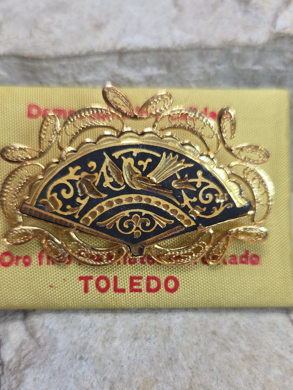 Vintage Toledo Damascene Large Fan Dove Brooch 24k gold plate and Enamel Spain